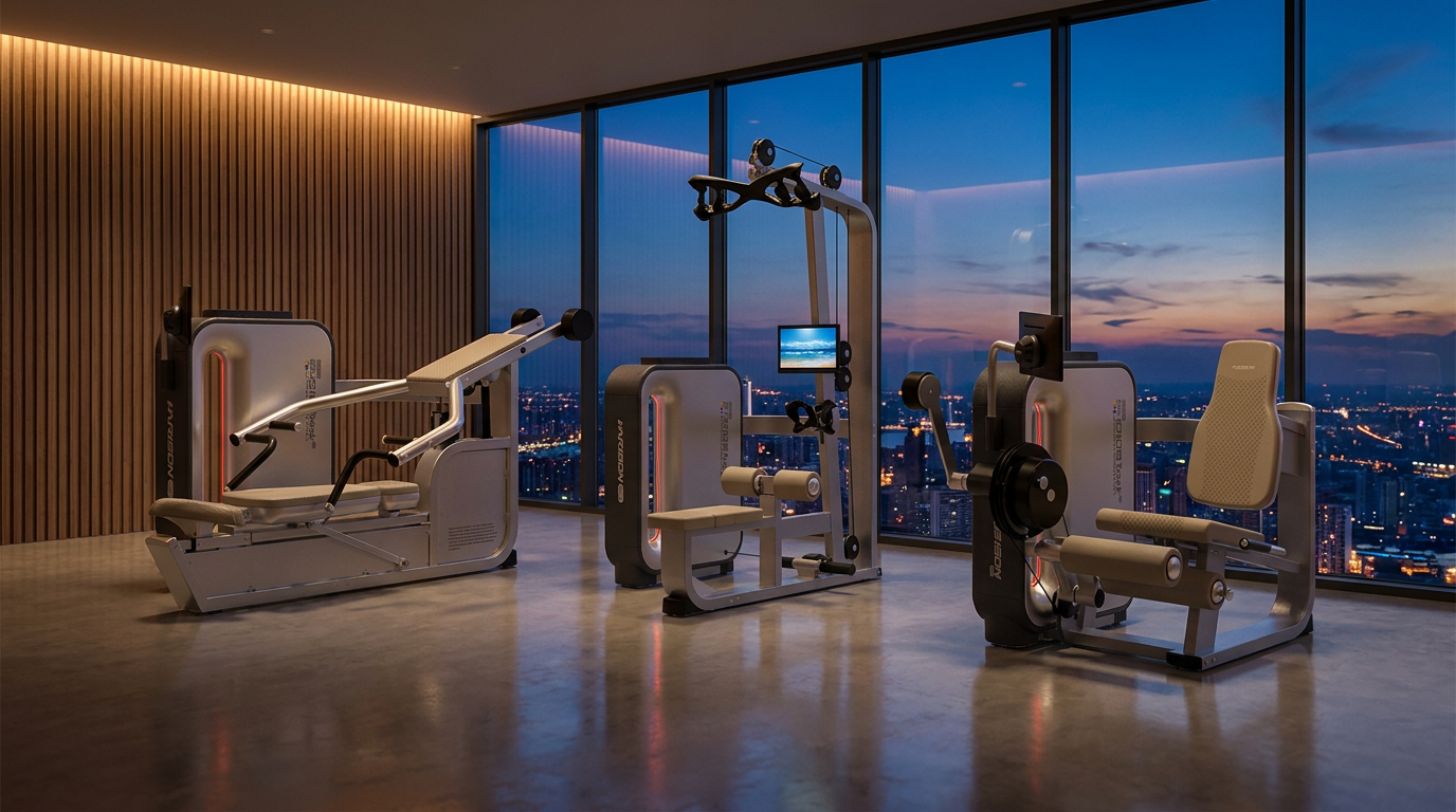 Espaço fitness privativo no topo de uma torre residencial de alto padrão ao entardecer